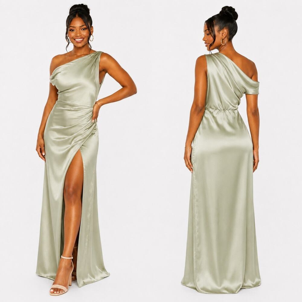 Show Me Your Mumu Jodie Dress Size L Sage Satin One Shoulder Maxi Side Slit